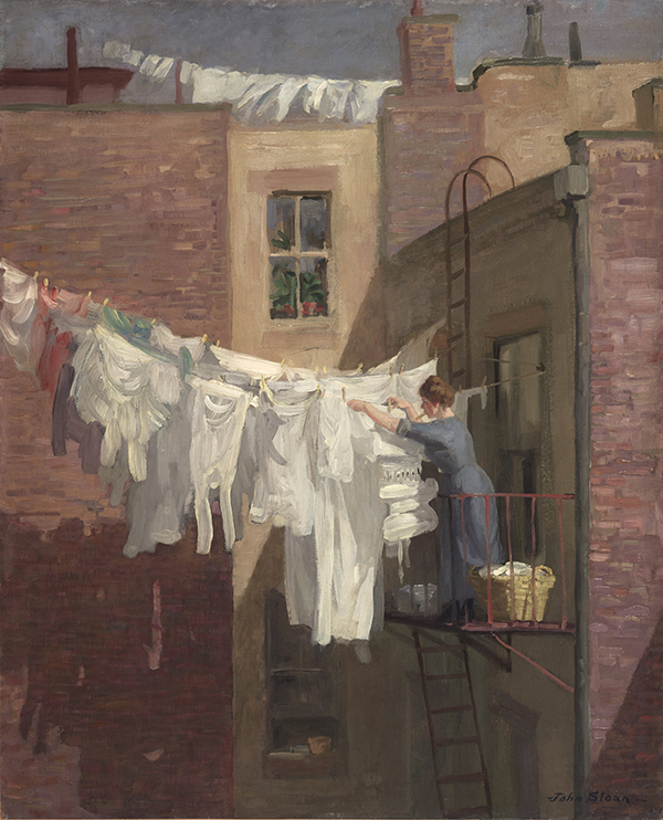John Sloan, A Woman’s Work, 1912, oil on canvas &lt;alt="Painting of woman hanging laundry on clothesline on balcony outside apartment building"&gt;