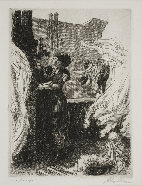 John Sloan, Love on the Roof, 1914, etching &lt;alt="Etching of two figures kissing on a roof. Clothing and sheets hang from a clothes line, and a baby sits on the ground playing"&gt;