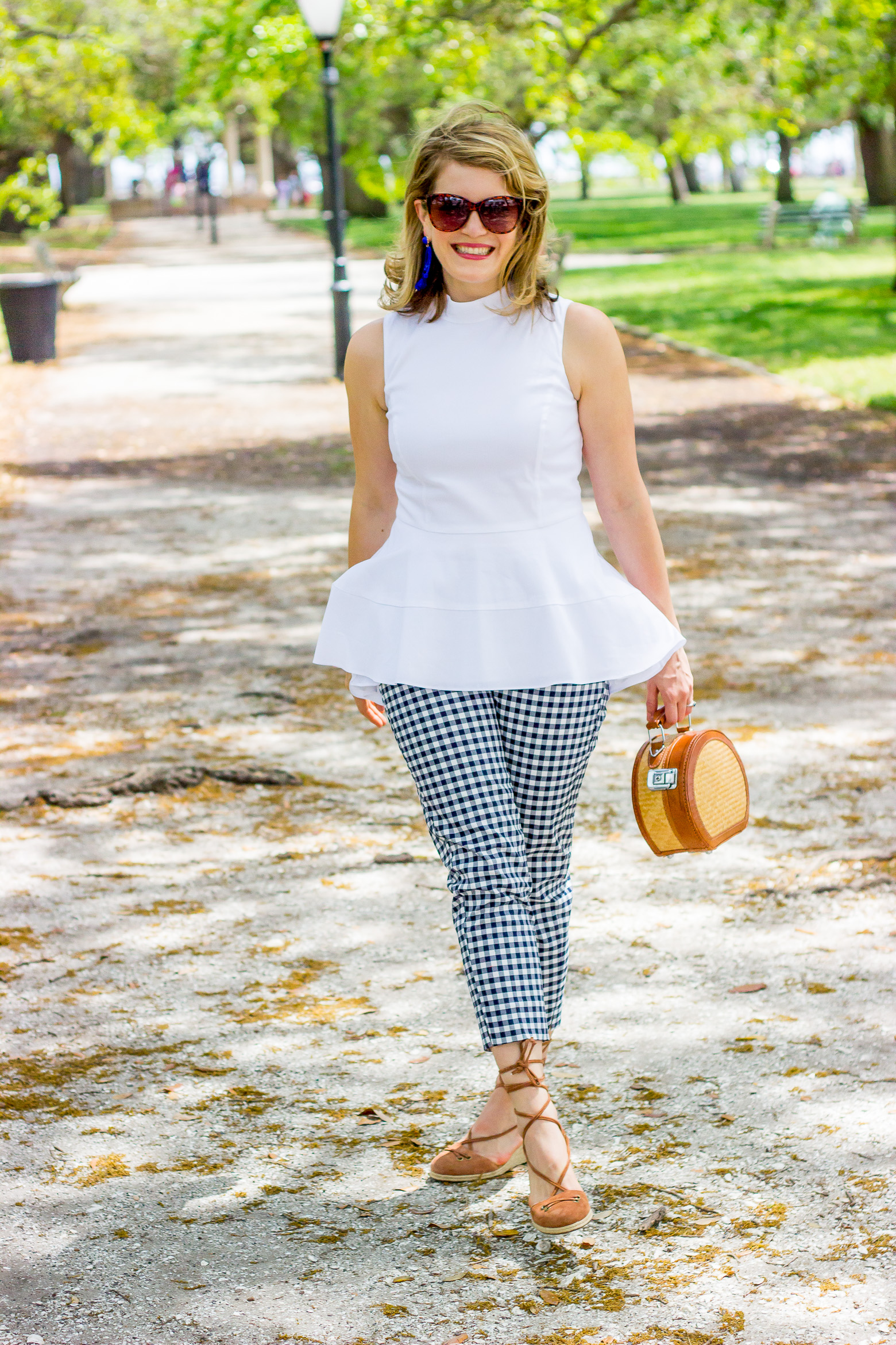 Gingham pants and peplum top on Belle Meets World blog