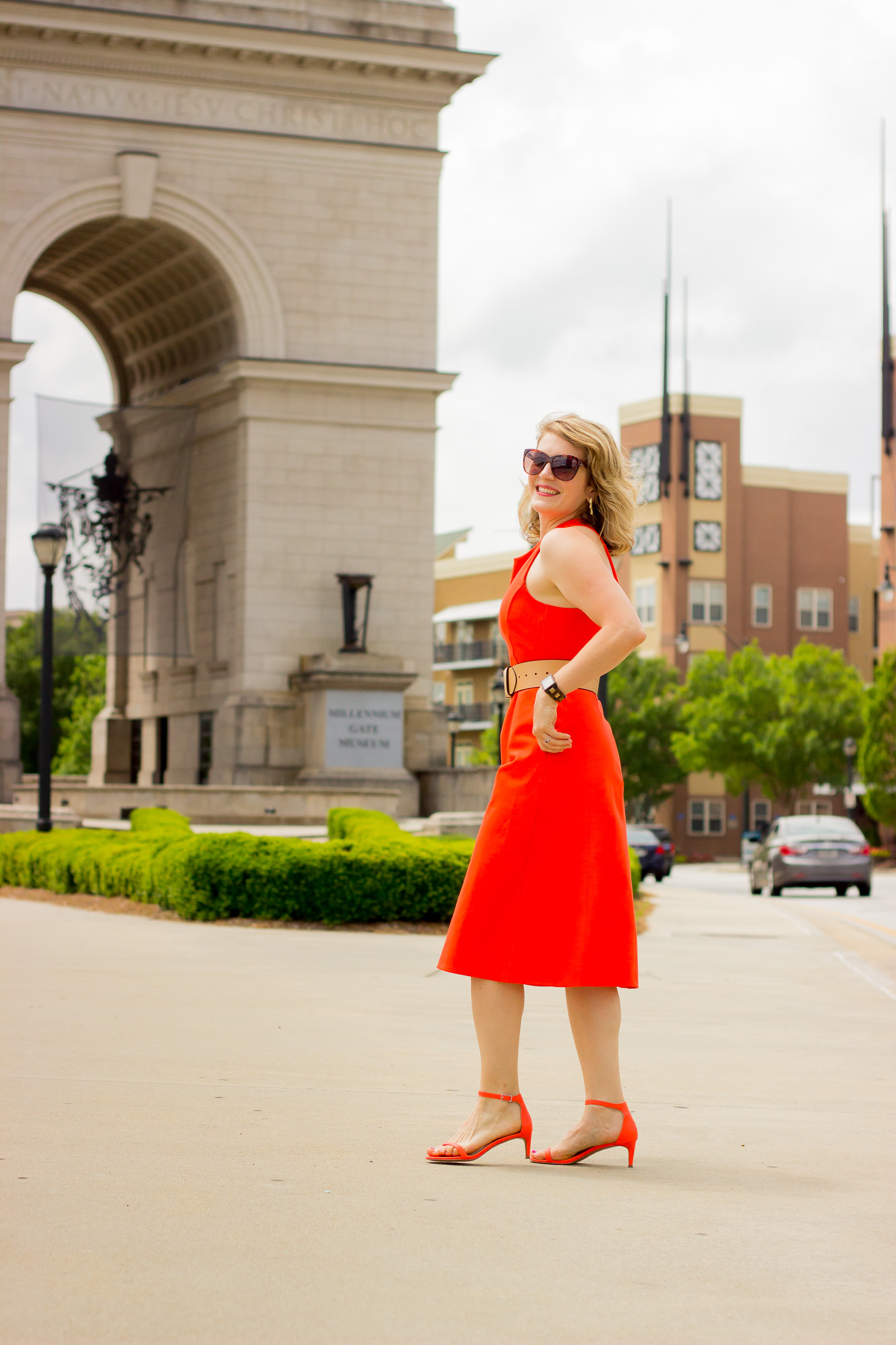 Orange midi dress and kitten heels on Belle Meets World blog