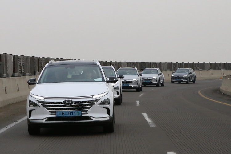 A fleet of zero-emission NEXO FCVs transports the trip delegation to Hyundai facilities in Seoul on February 9. Source: Hyundai Motor Group.  