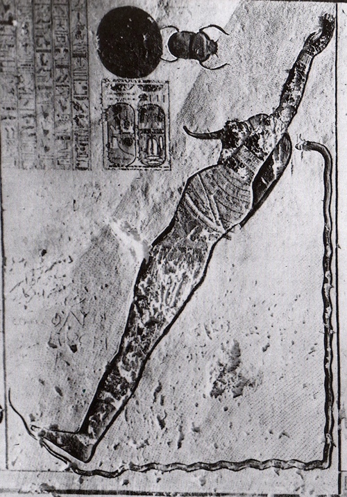   Kamuef (‘the bull of his mother’), Tomb of Ramses IX.   In this image, Schwaller saw the Pythagorean principle of tri-unity. In Egyptian theology,  ka  (‘bull’, ‘spirit’) indicates the active masculine force in the triad;  mut , the ‘mother’, represents the feminine receptive force; while the child or son represents the product. The paradox that binds the three aspects of this lineage into a triangular unity lies in the fact that the son, by recapitulating (indeed reincarnating) his father, becomes thereby the bull (spirit and inseminator) of his mother. In short, he is the father of himself. Rather than being a simple ‘product’, he exists both in a primary state, ‘before’ the separation or differentiation into gendered polarity (male-female) and in an ultimate state, ‘after’ the two poles have been differentiated and then recombined (the alchemical  conjunctio  or cohabation).  Reproduced from R. A. Schwaller de Lubicz,  The Temple of Man: Apet of the South at Luxor . Rochester, Vermont: Inner Traditions International, 1999. 