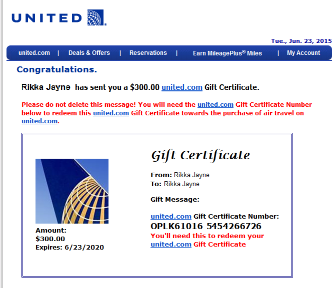 I Didn T Want To Lose The Miles By Closing Card So Turned Into A 300 Gift Certificate On United Airlines