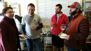  From left, Carla Lauter, beer writer;&nbsp;Ian Dorsey and Neil Frederick, co-founders of Mast Landing Brewing;&nbsp;and Zach Poole of The Maine Brew Bus try out the beer samples. 