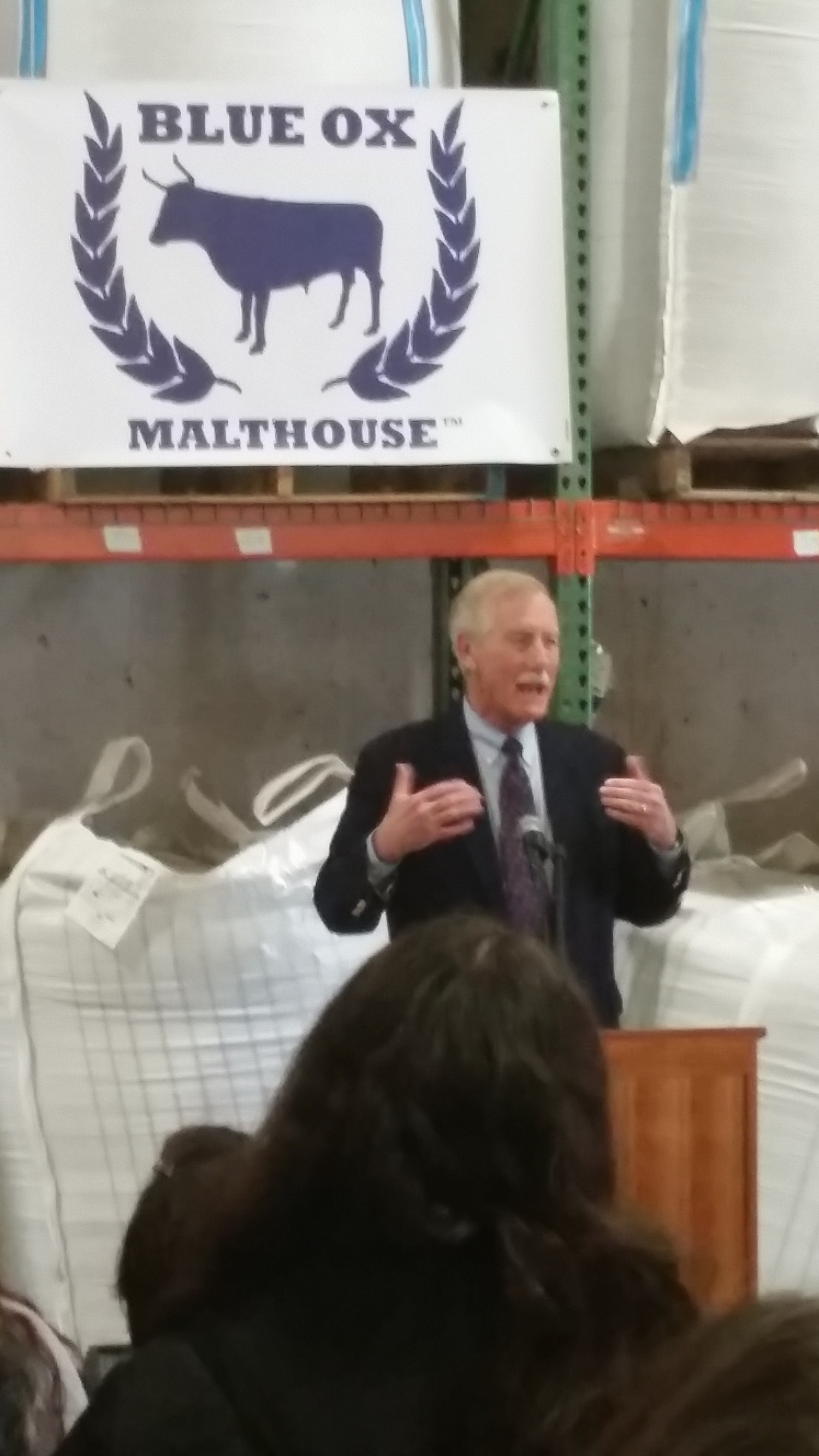  Senator Angus King told the crowd how important it is for Maine to have value-added processing of local grown products to stay in the state as Maine industries. Blue Ox Malthouse is a perfect example of addressing this need.&nbsp; 