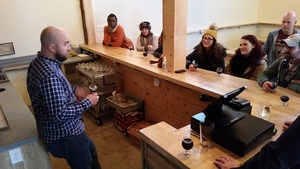  John LeGassey describes the build-out of the facility as the group samples John Henry Milk Stout,&nbsp;one of the three beers that are currently on tap.&nbsp; 