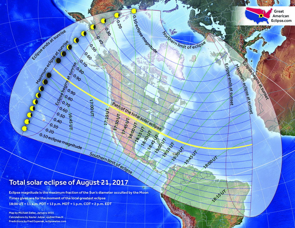 This map with stereographic projection shows two interesting facts: The entirety of North America will experience a partial solar eclipse as well as four other continents: south American, Asia, Europe, and Africa. 