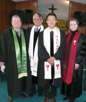  Pictured are St. Charles Christian Church pastor Chris Franklin, NAPAD Executive Pastor Jinsuk Chun, World Mission Christian Church pastor Young Noh, and SEGA Area Minister Penny Ross-Corona. 