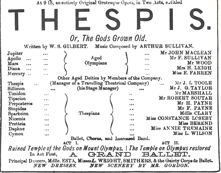 Cast list for the opening of Thespis in 1871