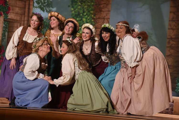 Wendy Falconer, Brett Kroeger, and Jennifer Wallace as the three little maids with other maiden attendants 