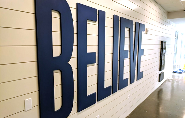 Featured Project- KIPP BELIEVE School. Large wall-mounted acrylic lettering.