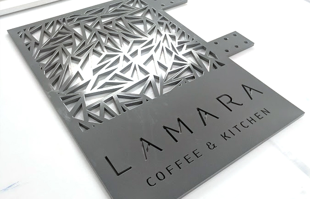 Featured Project- Lamara Coffee & Kitchen. Powder coated aluminum sign custom cut with CNC water jet.
