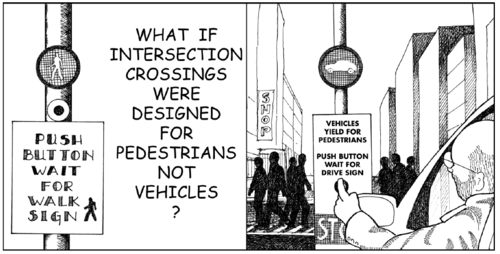What if intersection crossings were designed for peds? (shows driver pushing button to cross)