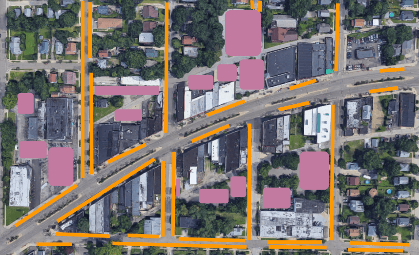 Akron's Kenmore Blvd, with available street parking marked in orange and off-street parking marked in pink. (Created by Rachel Quednau with Google Maps image)
