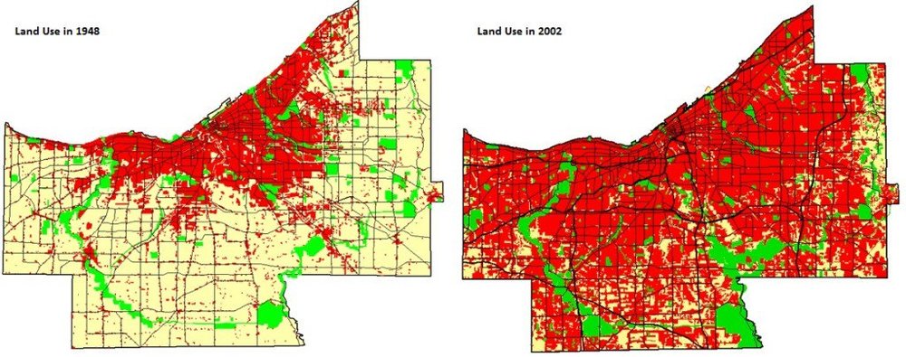 Map by Cuyahoga County, OH Planning Commission. The county had the same population in 1948 (left) as in 2002 (right).