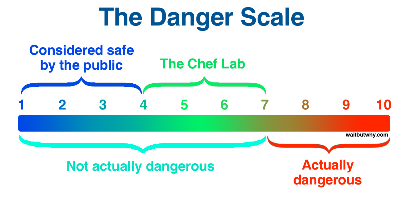 This is taken from the Wait But Why post referenced earlier. As the author explains, 'chefs' like Elon Musk, whom we revere as extreme risk-takers, are not actually taking on levels of risk that are truly dangerous. The rest of us are just so risk-averse that their behaviour seems crazy to us.