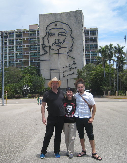 Rainbow World Fund board members Jeff Cotter, Karen Kai, and Javier Rivera-Rosales at Revolution Square in Havana, Cuba (2018)