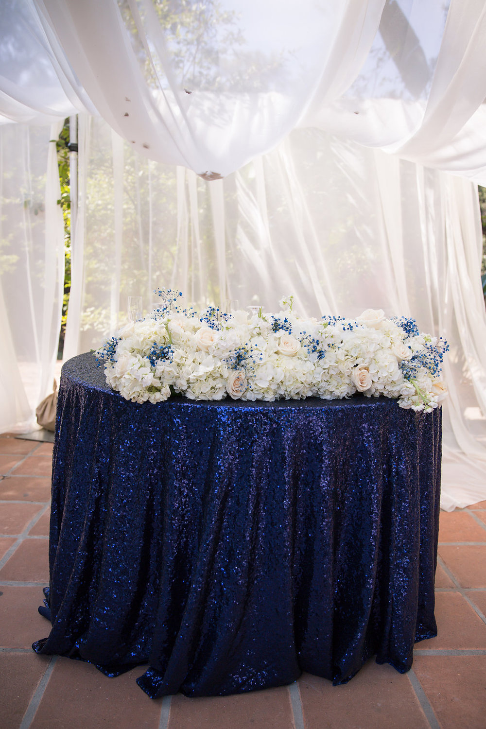 Navy Blue Sequin Linen Sweetheart Table - A Blue + Gold Rancho El Toro Courtyard Wedding - Oana Foto