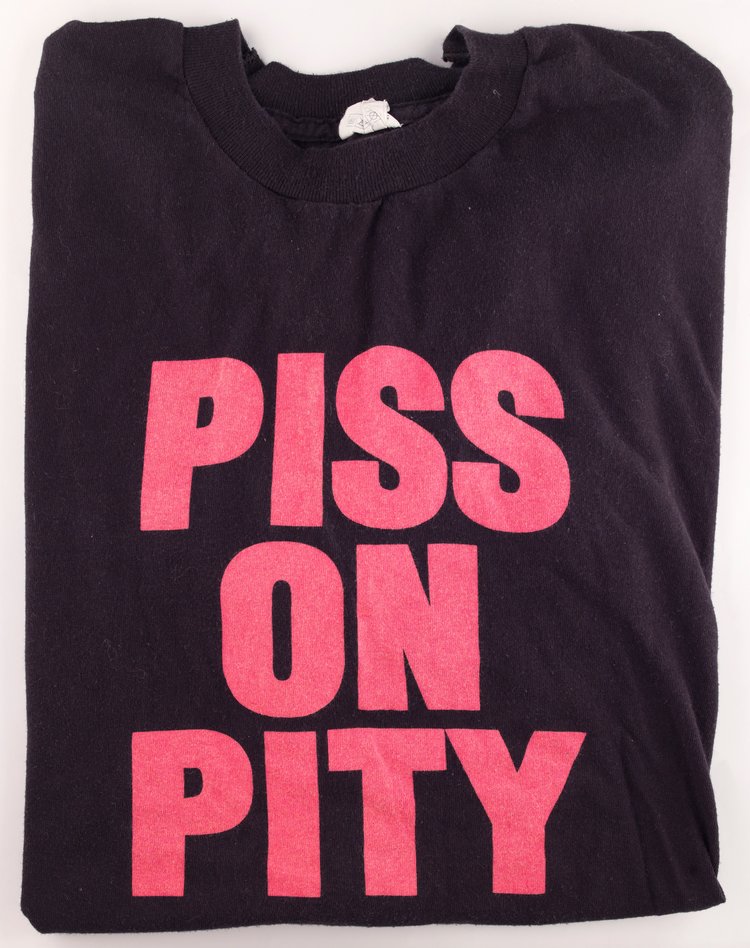 'Piss on Pity' T-shirt worn at Block Telephon (1992), deposited by Alan Holdsworth (aka Johnny Crescendo): image produced by  THE-NDACA.ORG &lt; http://the-ndaca.org/ &gt;