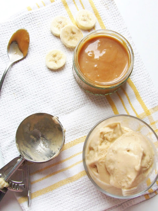 Easy Peasy Frozen Banana Ice Cream and Butterscotch Sauce.