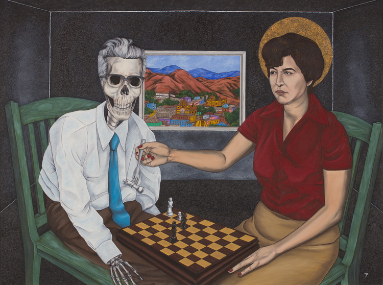 “Ajedrez / Chess.” Oil on Canvas. 30” x 40” (2009) “The basic imagery of ‘Ajedrez’ comes from a dream I had when I was young. In it, I saw my grandfather as a muerto, a ‘dead one,’ being fed by my aunt. In the painting, however, it is my mother sitting at a chess table—he loved to play chess—feeding him his own ‘queen,’ representing the feminine. A window in the room looks out on his beautiful hometown of Guanajuato in colonial Mexico. “My grandfather was an educated man in Mexico, having studied philosophy in the university, but was forced to leave during the bloody Mexican revolution. In the United States of the early-to-mid 20th-century, he could only find work in a factory and lived a somewhat dingy existence, somehow made worse by the knowledge of a world of grandeur within him. “Though he was an incredible man—almost legendary in my family—he was a poor father who could not manage to give his daughters the affection they needed. Thus, the painting ultimately depicts the victory of his daughters over him, feeding him his own queen. That is to say, they all became women of courage and substance who made good lives for their families. “The interesting part of the dream was that, although I had seen Dia de los Muertos, ‘Day of the Dead’ imagery as a child in Mexico, I was not aware of the holiday itself or the custom of ‘feeding the dead’ when I had the dream. And yet, the dream’s imagery was exactly in accord with the traditional beliefs!” — Netanel Miles-Yépez