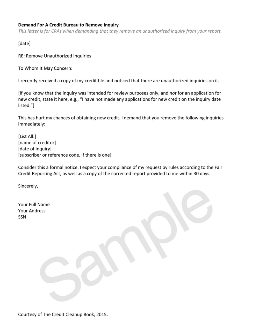Sample Letter To Remove Inquiries From Credit Report