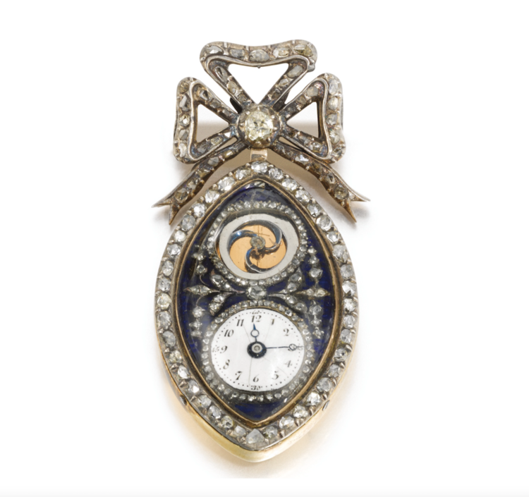  Vivien`s important 19th century blue enamel, gold and diamond fob watch. 