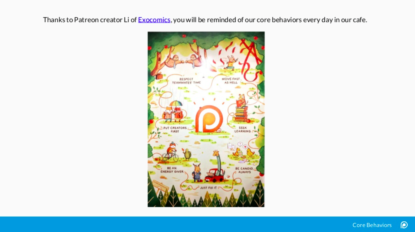 Patreon not only created a deck to explain their values, they had them illustrated and displayed in their employee cafe as a regular reminder.