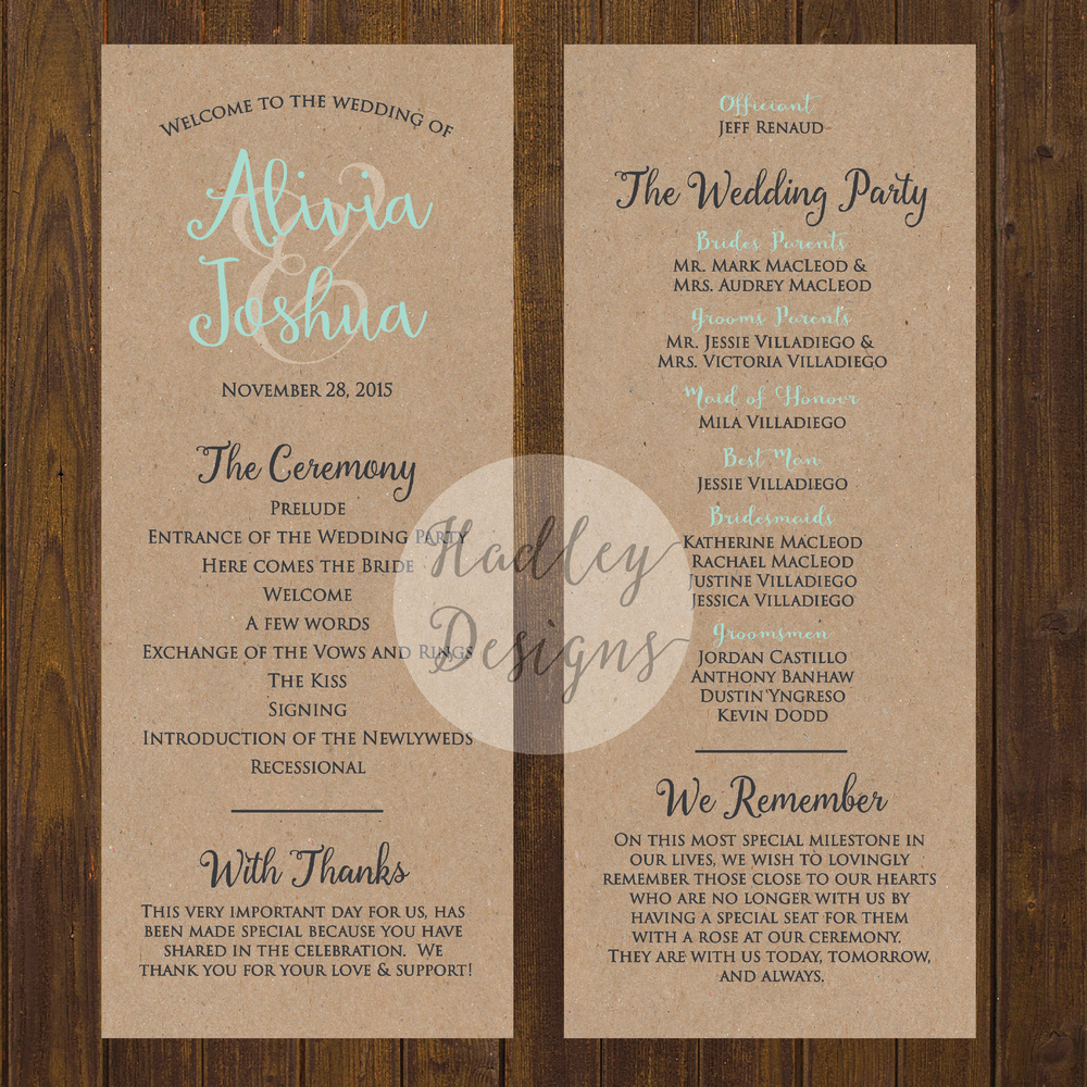 Wedding Program Long Block Text Words PDF double sided for