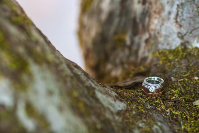 wedding ring set on mossy wood