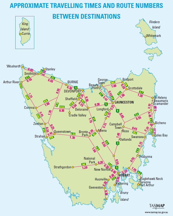 tasmania travel times map