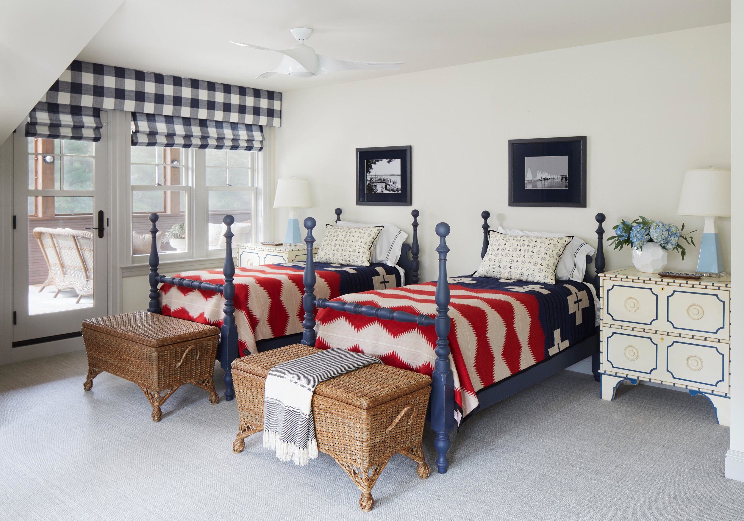 Classic red, white, and blue bedroom. Come see more interior design inspiration from Elizabeth Drake. Photo by Werner Straube. #interiordesign #classicdesign #traditionaldecor #housetour #elizabethdrake