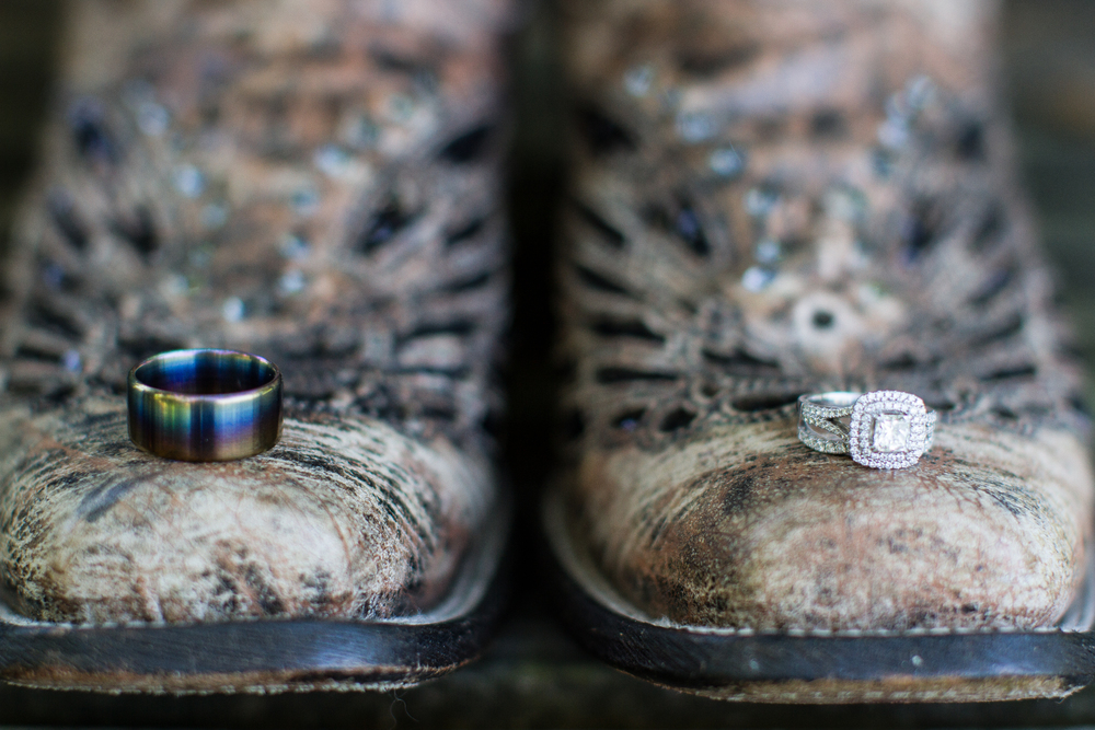 Close up of Wedding Rings on top of Cowboy boots.