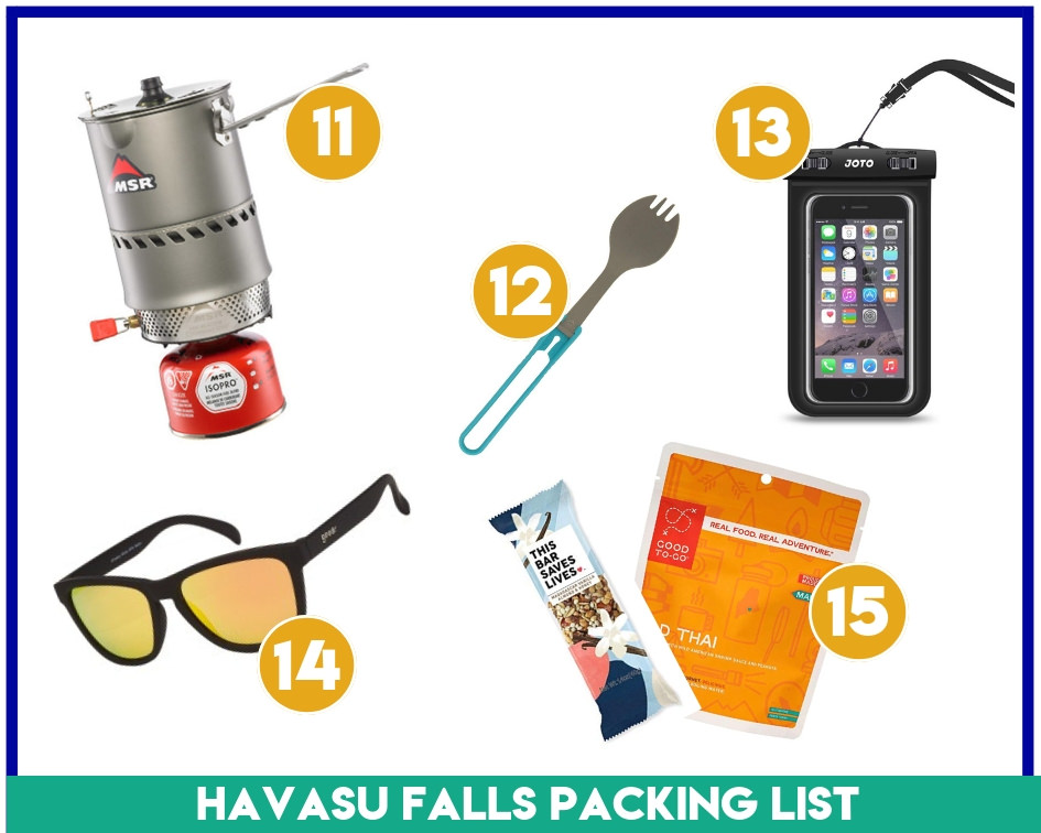 Gear items 11-15 on my Havasupai Falls packing list