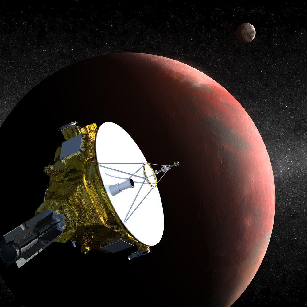 An artist's drawing shows the New Horizons spacecraft as it nears Pluto. The moon Charon is in the distance Image Credit: Johns Hopkins University Applied Physics Laboratory/Southwes