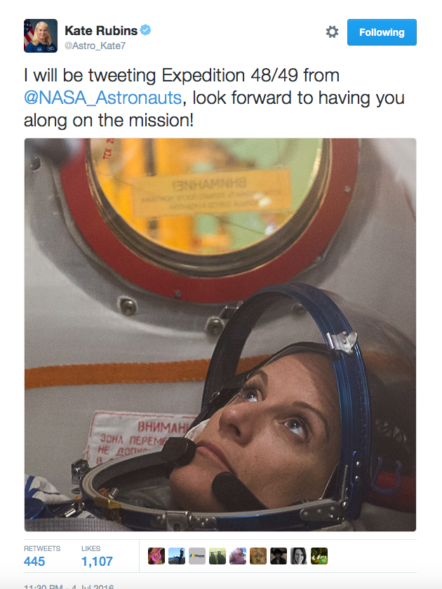 To keep-up with Astronaut Kate Rubins on her Expedition 48 mission, follow @NASA_Astronauts where she'll be tweeting