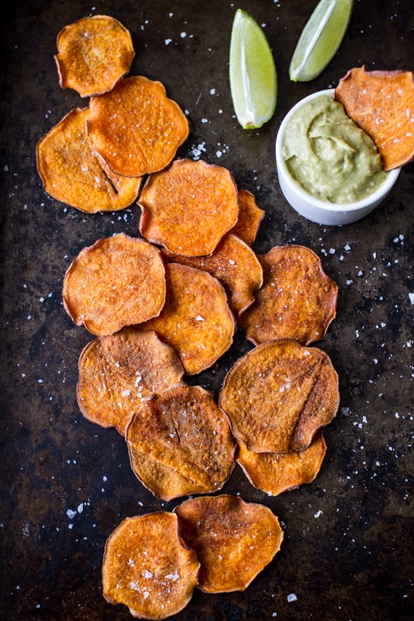 Crispy Baked Sweet Potato Chips with Avocado Lime Sriracha Dip | edibleperspective.com #vegan #glutenfree
