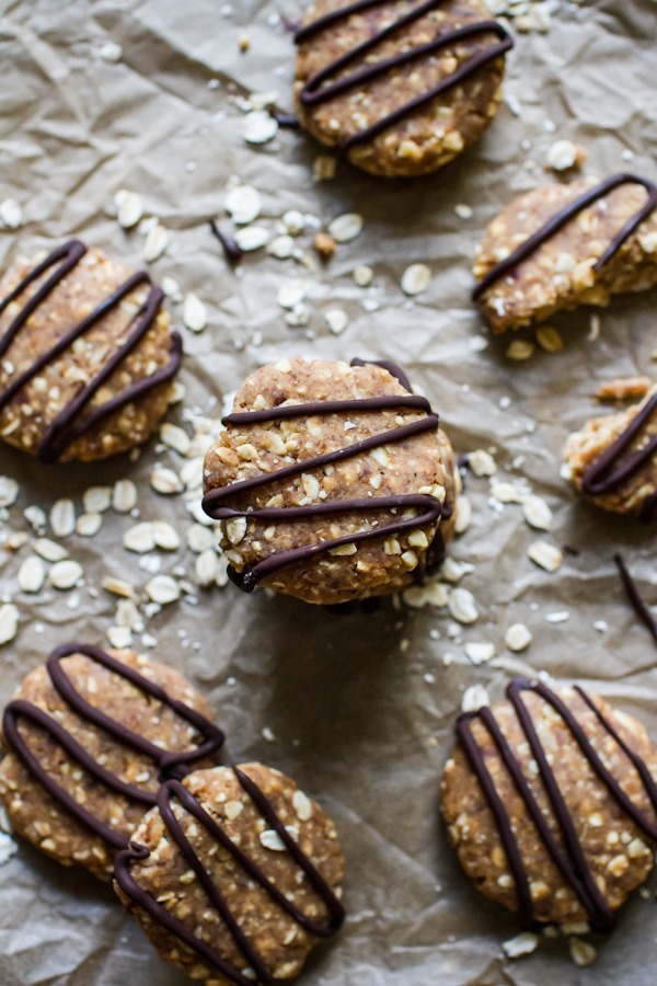 No-Bake Peanut Butter “Cookies” with a Chocolate Drizzle | edibleperspective.com #vegan #glutenfree