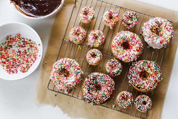 Buttermilk Baked Doughnuts with Vanilla + Chocolate Glaze | edibleperspective.com #glutenfree