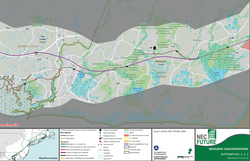 The proposed path of the new Northeast Corridor railroad through the Rhode Island towns of Westerly and Charlestown has some officials and residents worried. (NEC Future environmental impact statement)