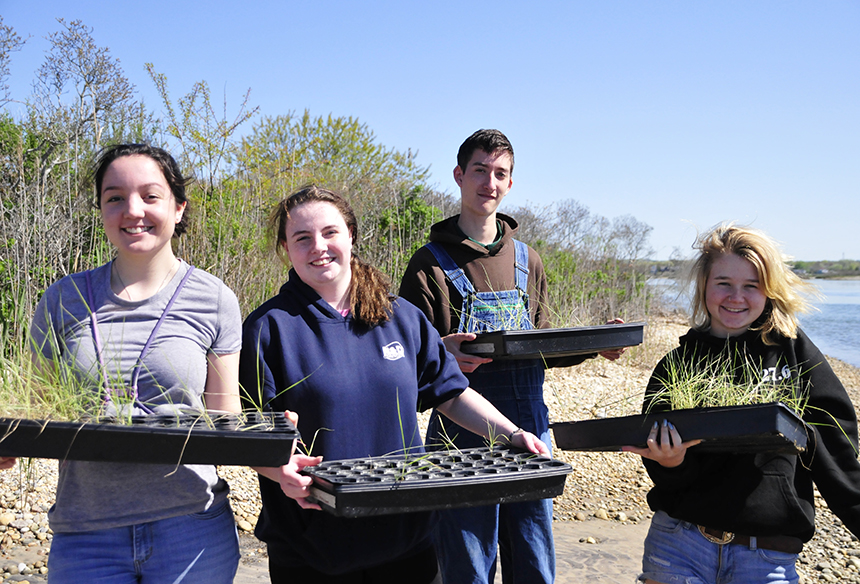  Chariho High School students are working to a restore a vulnerable marsh at Ninigret Pond. (Todd McLeish/ecoRI News) 
