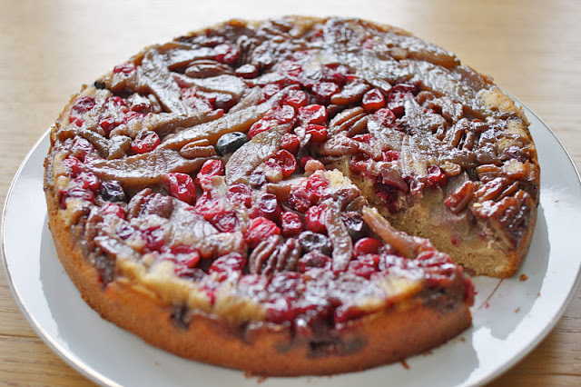 Caramelised pear, pecan and cranberry upside-down cake — Nutmegs, seven