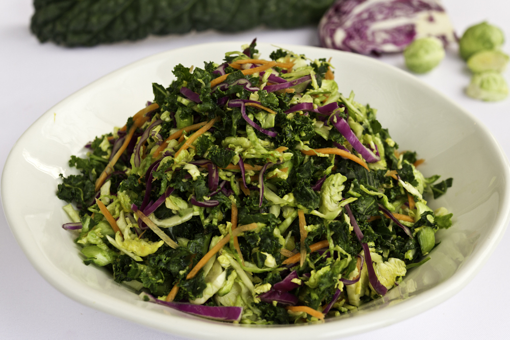 kale and brussels sprouts salad, an ornish family favorite.