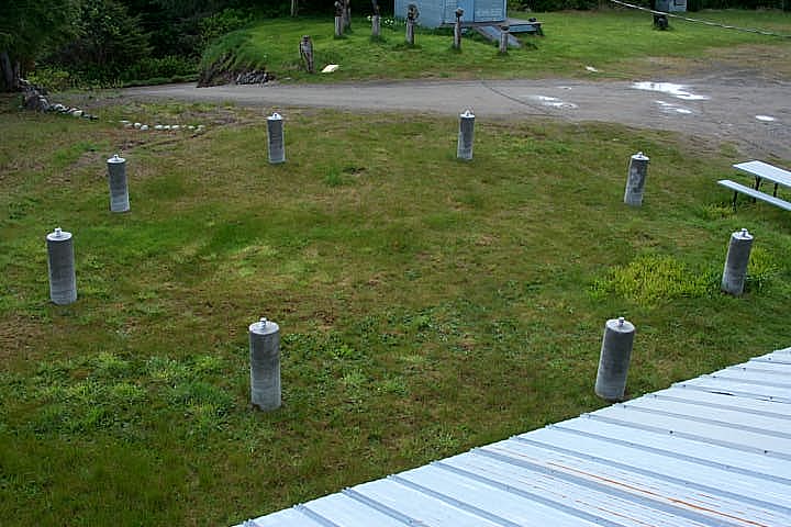 Arial view of the cement pillar bases of the Tlell Stone Circle. These pillars are made with Haida Gwaii East Beach Sand and reach six feet into the earth below.