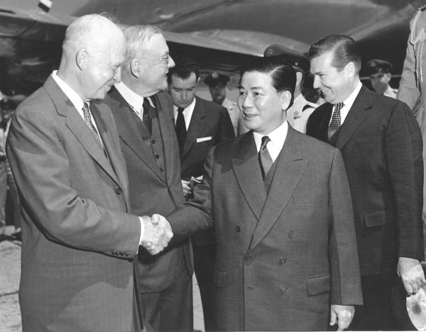 President Dwight D. Eisenhower welcomes President Ngo Dinh Diem to the United States in May 1957. During his visit Diem addressed a joint session of Congress and got a ticker tape parade in New York City. Eisenhower called Diem the "miracle man of Asia."&nbsp; Photo courtesy of The National Security Archive .