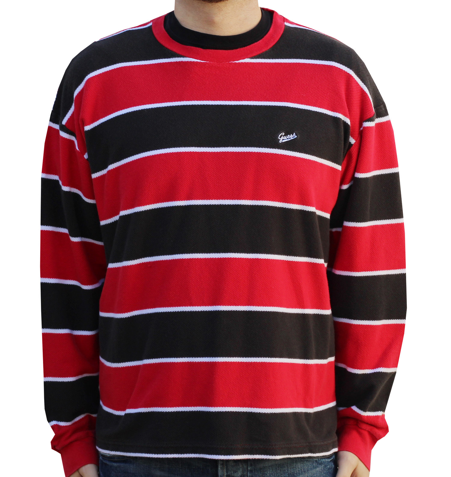 Vintage Guess Black / Red Striped Crew Neck Sweatshirt (Size XL) — Roots