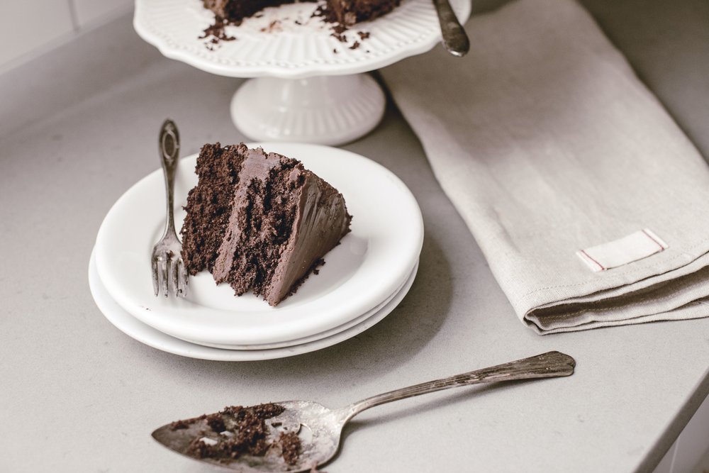 slice of classic chocolate cake with homemade chocolate frosting