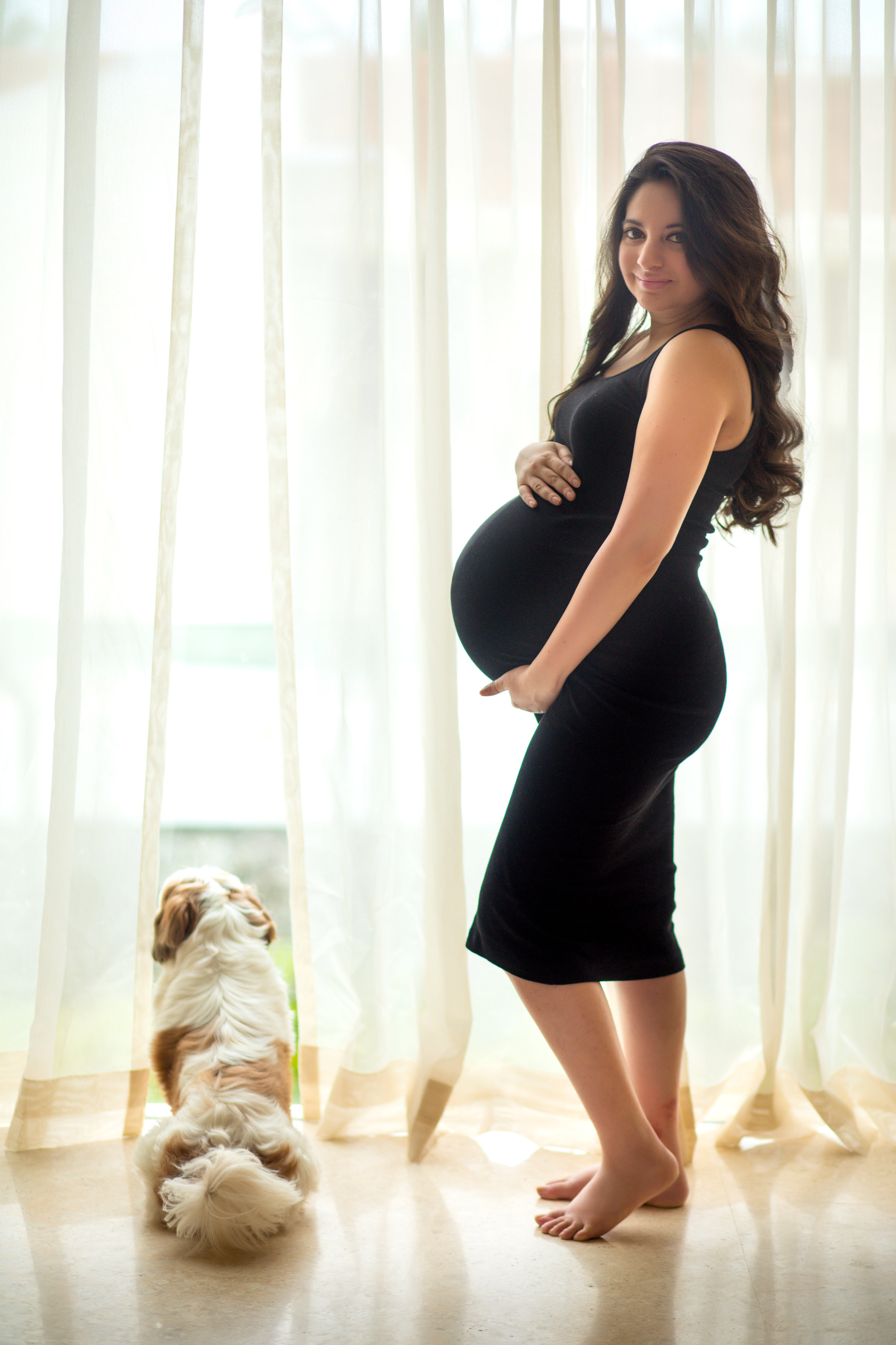 Mommy to be in black dress in a maternity photoshoot with her shih tzu looking out of the window | Indian Maternity Photoshoot Ideas | Adorable maternity photo shoot ideas with pets for cute pictures | Cute Pregnancy Photoshoot with Dogs for expecting couples | Function Mania