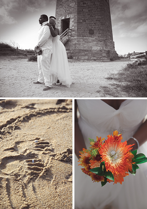 Hand prints in the sand with their rings to symbolize their vows to one another.  So sweet!