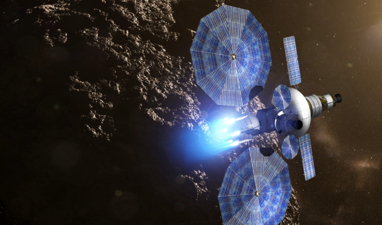 An artist’s rendering of a solar electric propulsion tug above an asteroid. - Image Credit:  NASA